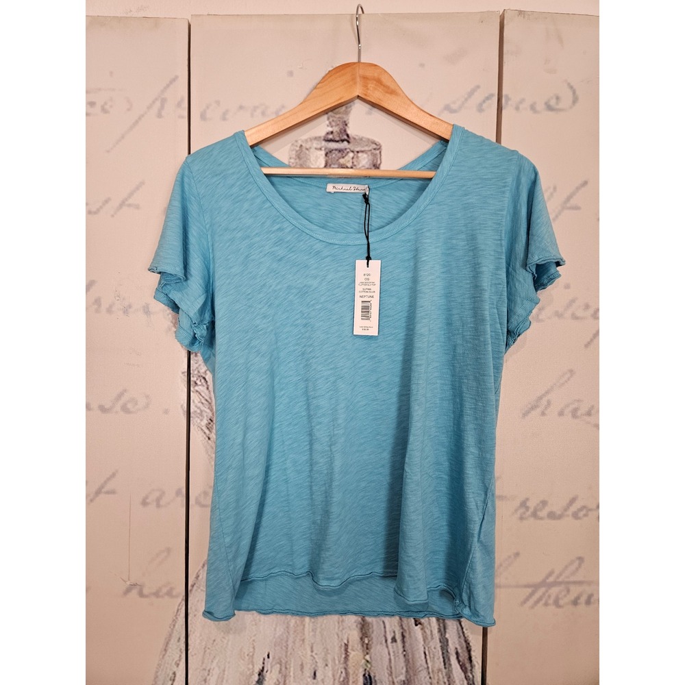 NWT Michael Stars Jana Scoop Neck Flutter Sleeve Top OS Neptune Blue Slub Cotton